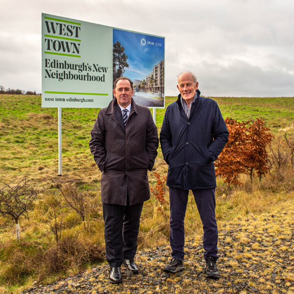 Graeme Bone (L) Group Managing Director for Drum Property Group and Sir Bill Gammell (R) Chairman of West Town Edinburgh unveil the vision for West Town